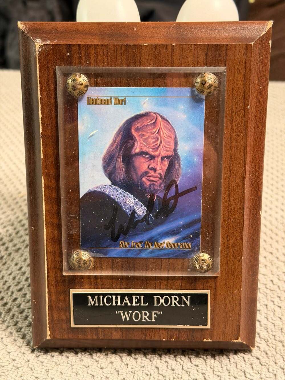 Michael Dorn Signed 1993 Star Trek Master Series Worf Card Wood Plaque